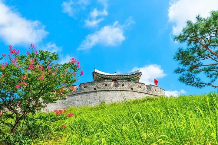 A traditional Korean pavilion on a stone wall surrounded by green grass and trees.